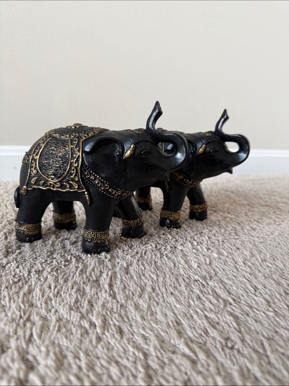 Set of Black Elephant Figurines with Gold Accents